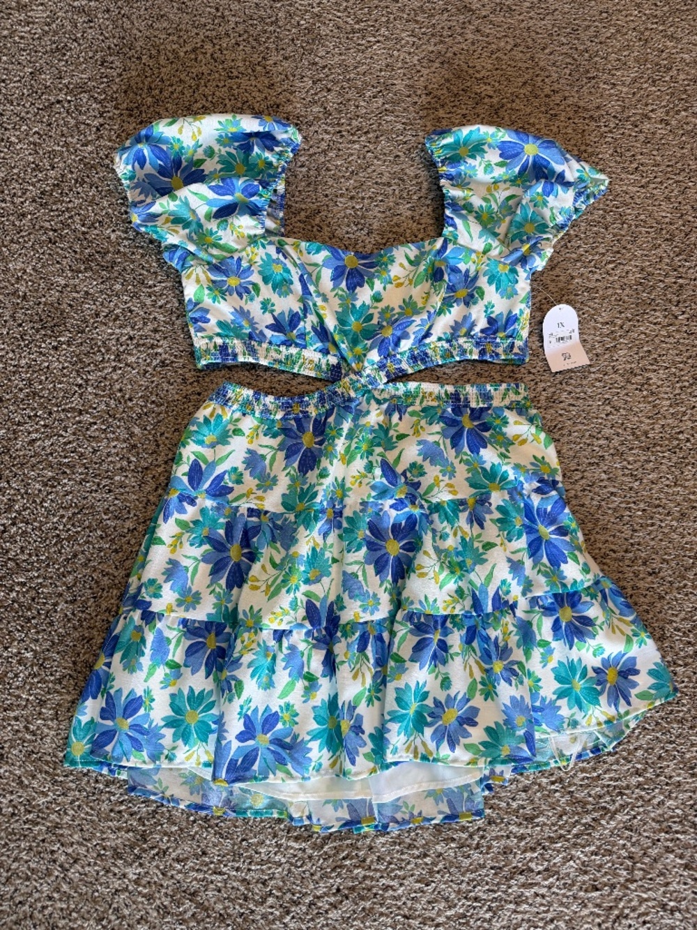 Arula Cutout Dress 1X Blue Floral Puff Sleeve Smocked Two Piece Look NWT